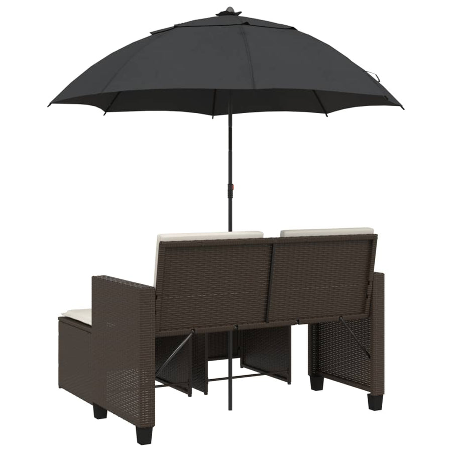 Tuinbank 2-zits met parasol en voetenbanken poly rattan bruin