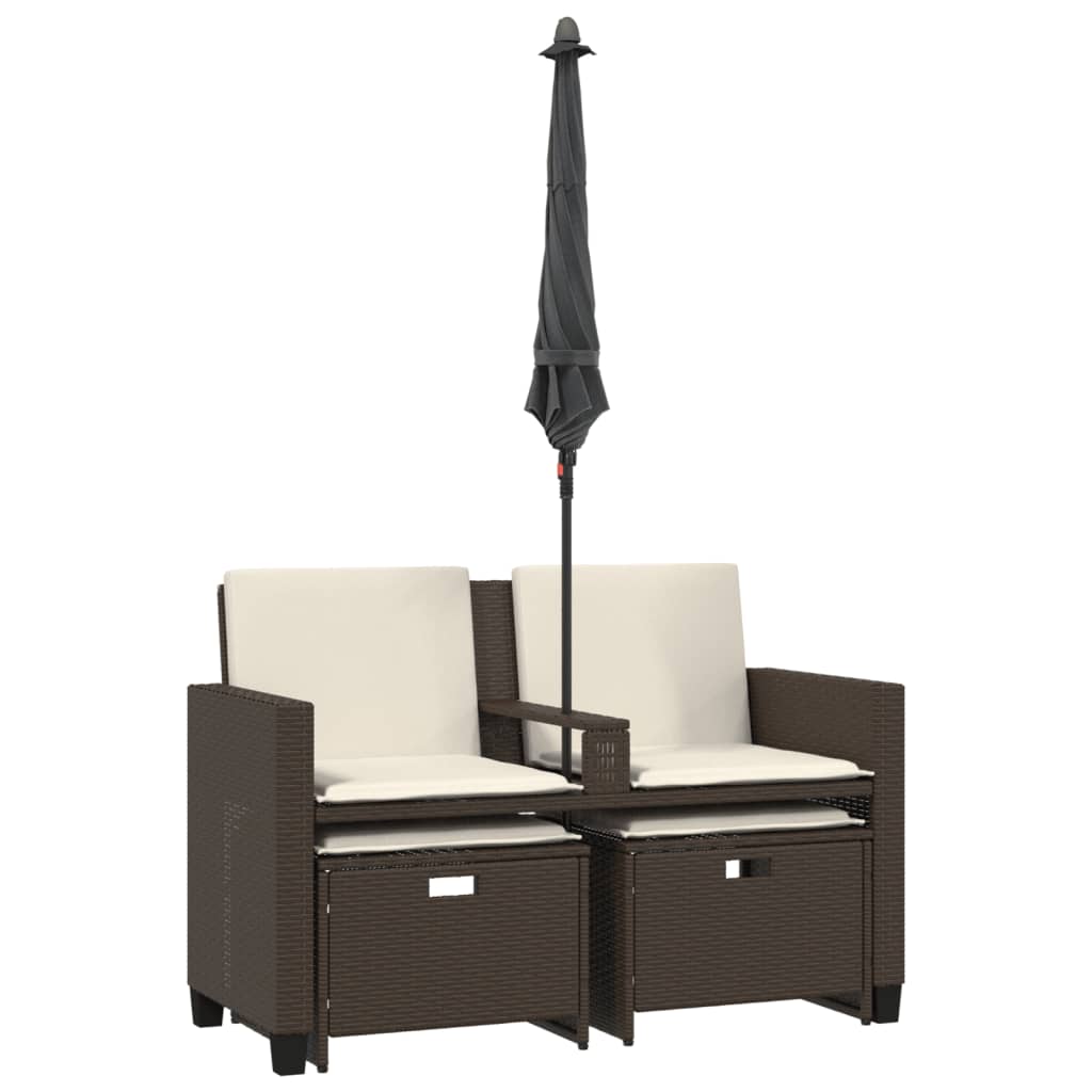 Tuinbank 2-zits met parasol en voetenbanken poly rattan bruin