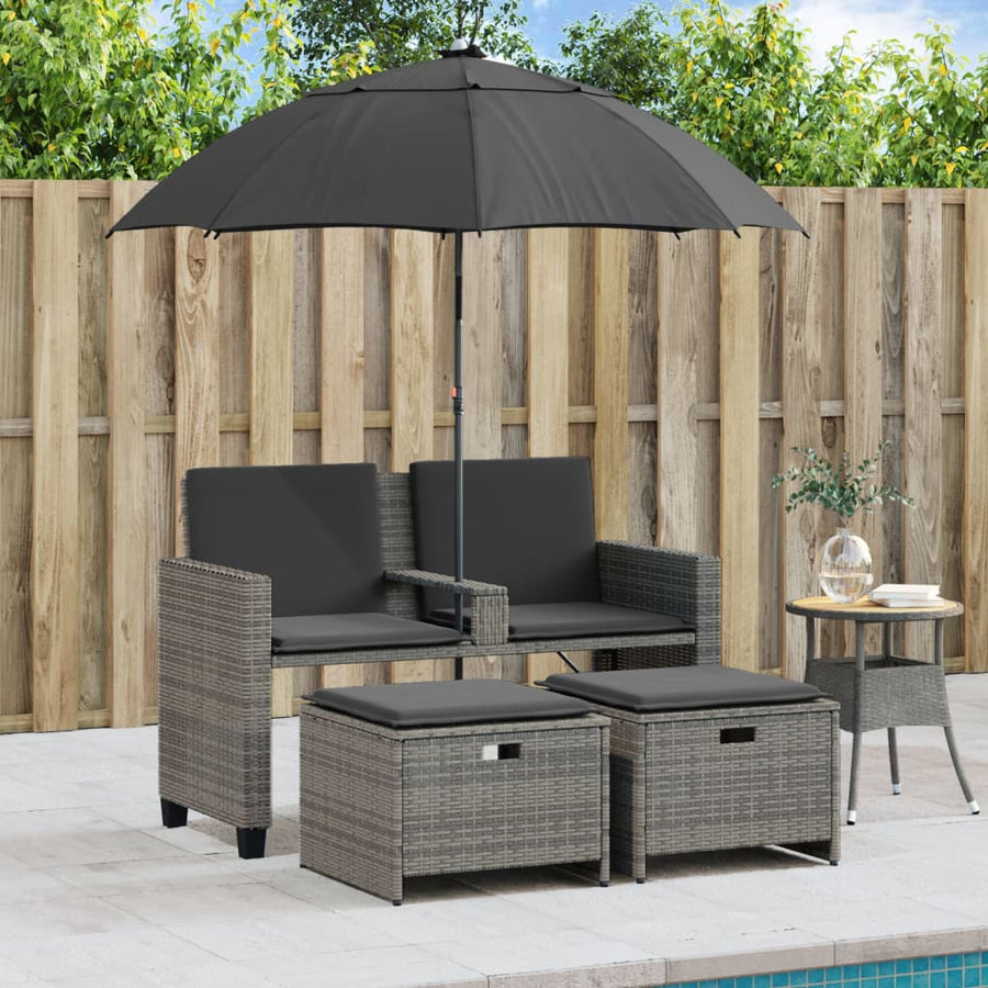 Tuinbank 2-zits met parasol en voetenbanken poly rattan grijs