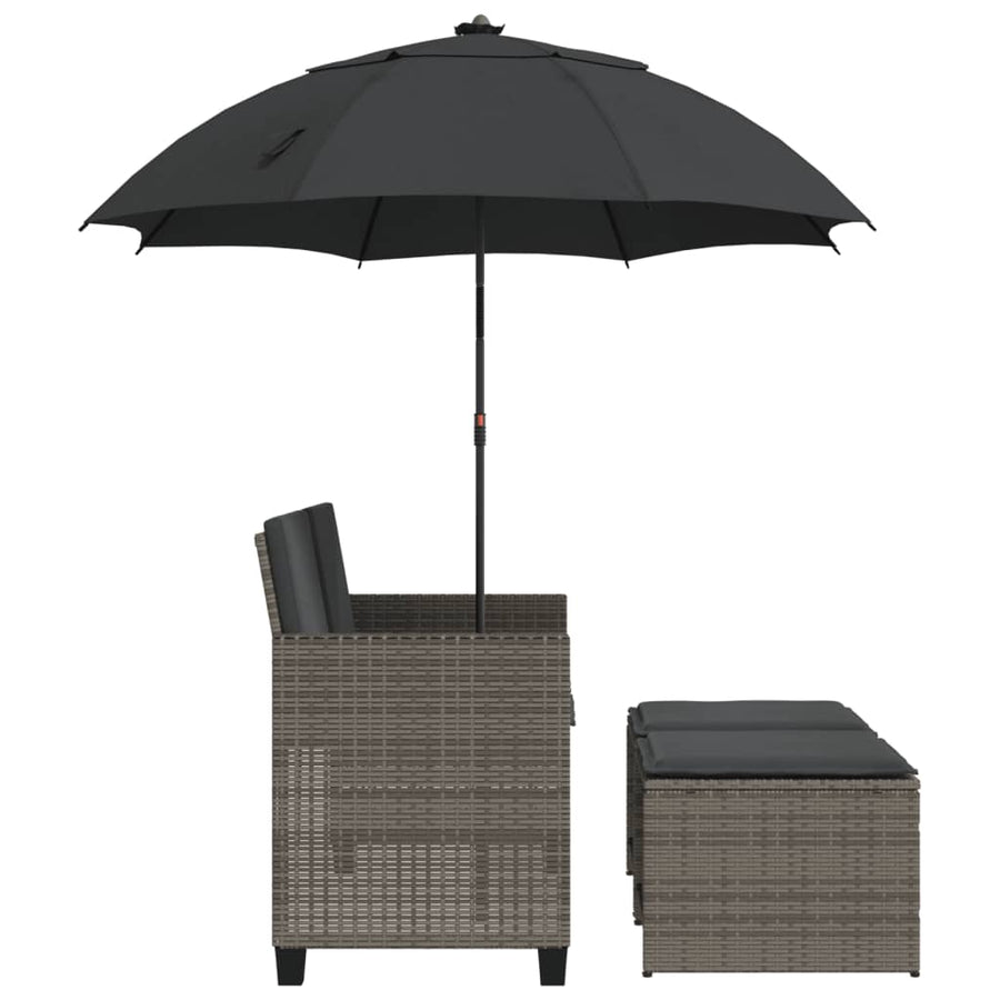 Tuinbank 2-zits met parasol en voetenbanken poly rattan grijs