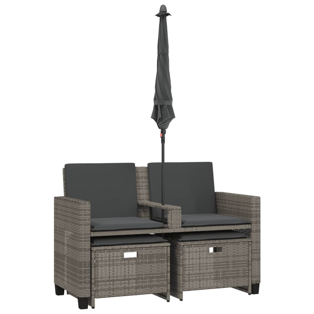Tuinbank 2-zits met parasol en voetenbanken poly rattan grijs