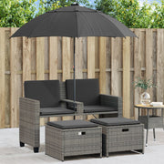 Tuinbank 2-zits poly rattan grijs met parasol en voetenbanken