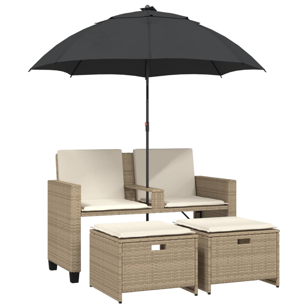Tuinbank 2-zits met parasol en voetenbanken poly rattan beige