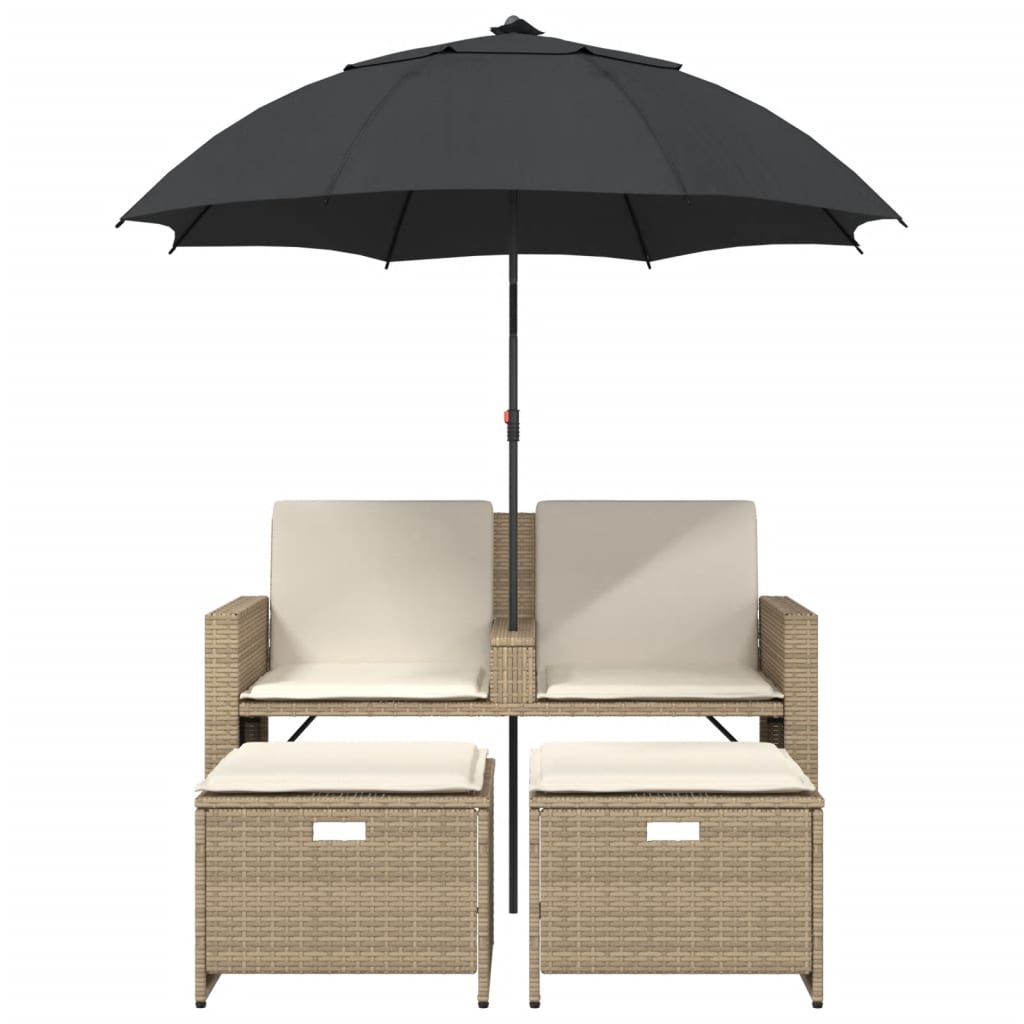 Tuinbank 2-zits met parasol en voetenbanken poly rattan beige