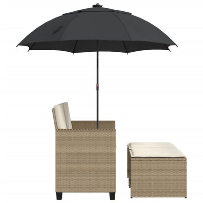 Tuinbank 2-zits met parasol en voetenbanken poly rattan beige