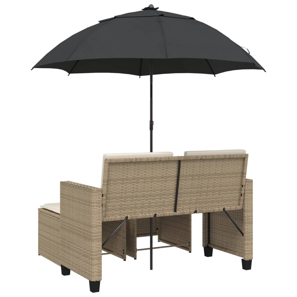 Tuinbank 2-zits met parasol en voetenbanken poly rattan beige