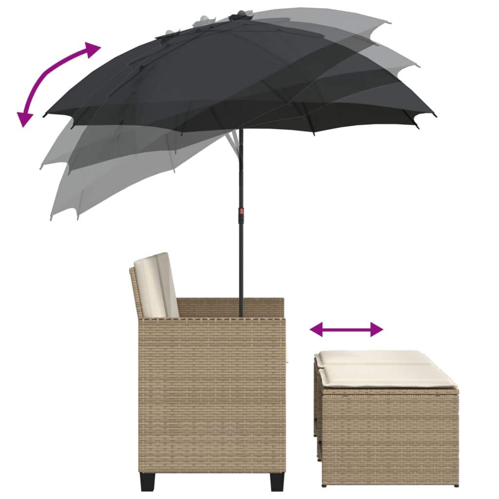 Tuinbank 2-zits met parasol en voetenbanken poly rattan beige