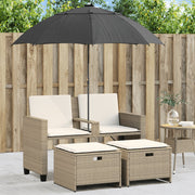 Tuinbank 2-zits poly rattan beige met parasol en voetenbanken