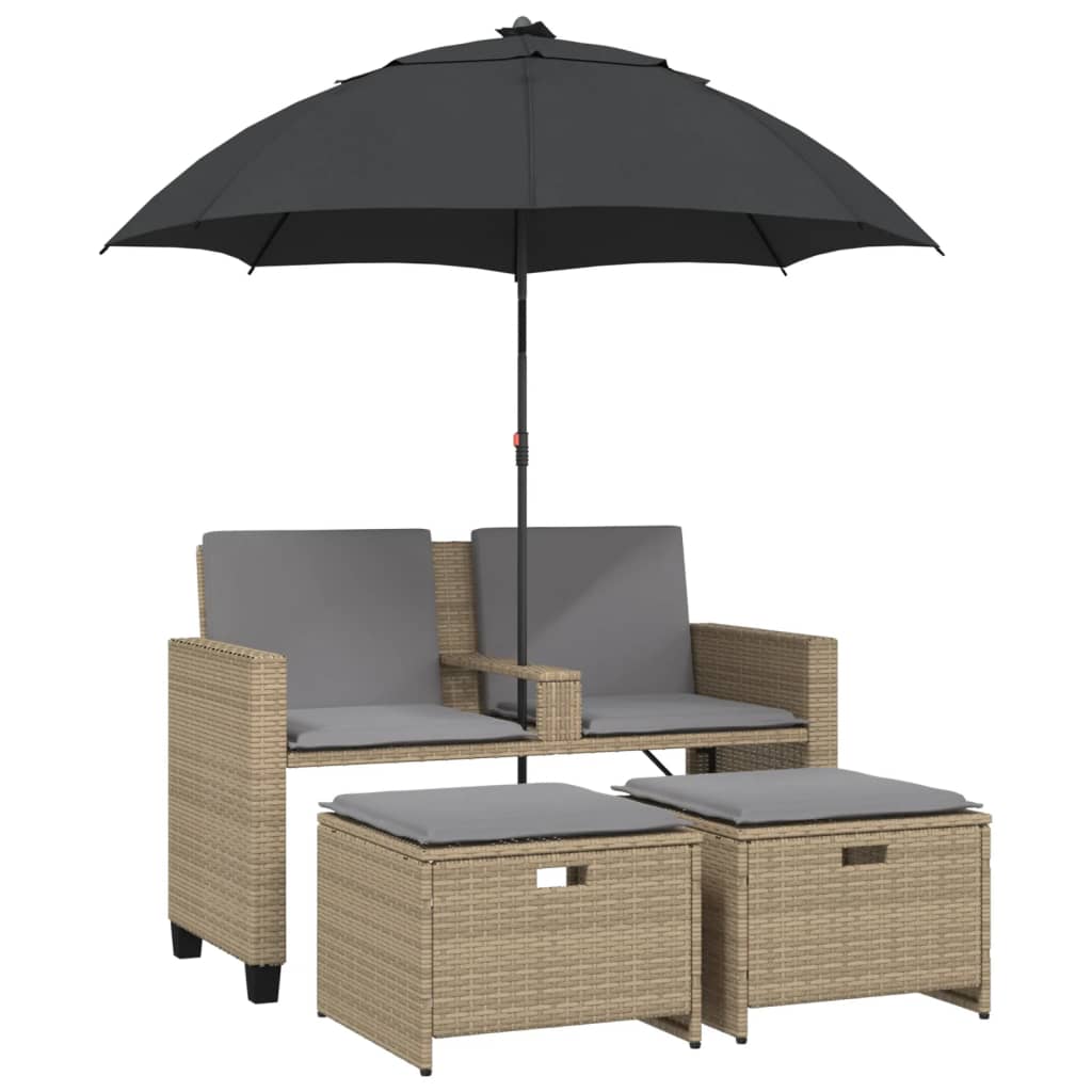 Tuinbank 2-zits met parasol en voetenbanken poly rattan beige