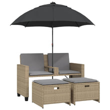 Tuinbank 2-zits met parasol en voetenbanken poly rattan beige