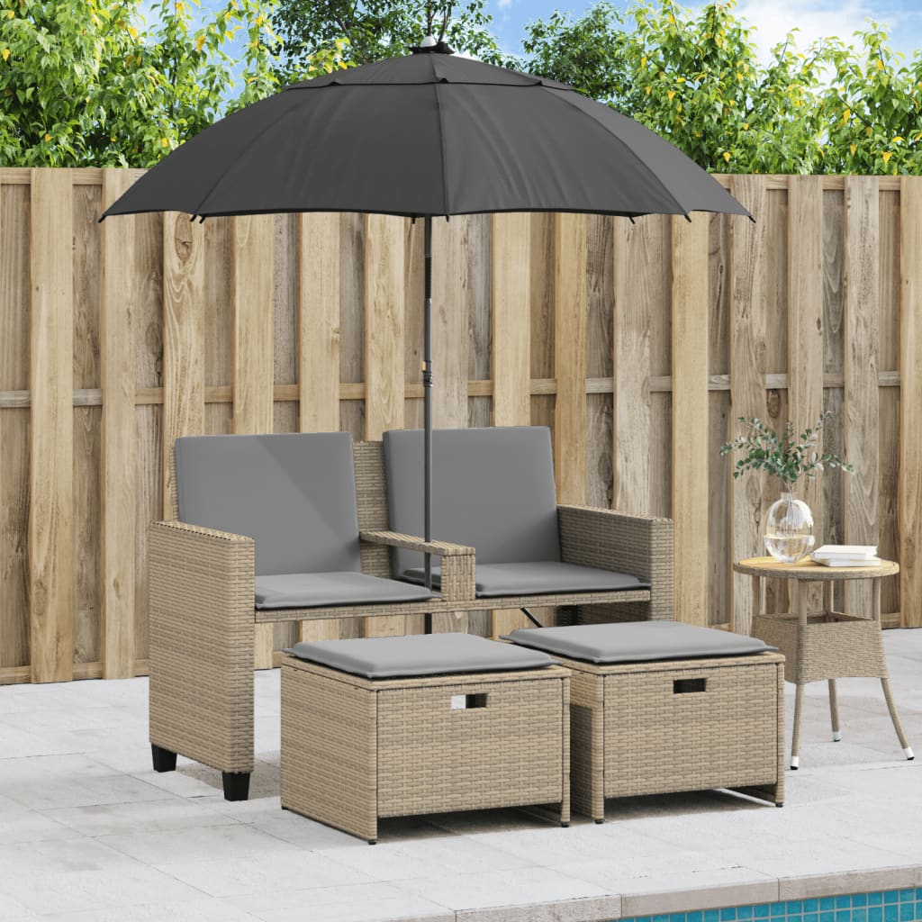 Tuinbank 2-zits met parasol en voetenbanken poly rattan beige
