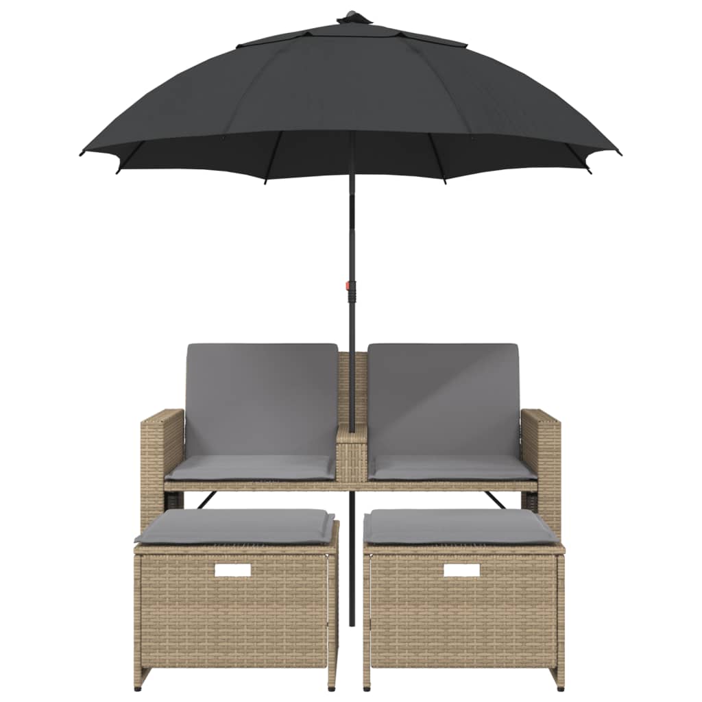 Tuinbank 2-zits met parasol en voetenbanken poly rattan beige