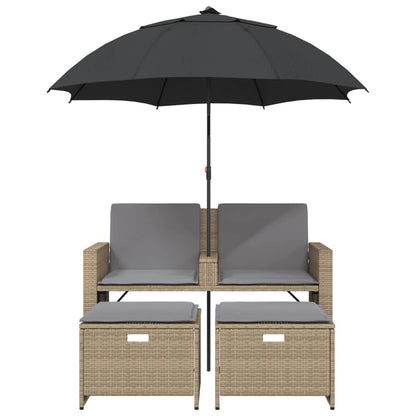 Tuinbank 2-zits met parasol en voetenbanken poly rattan beige