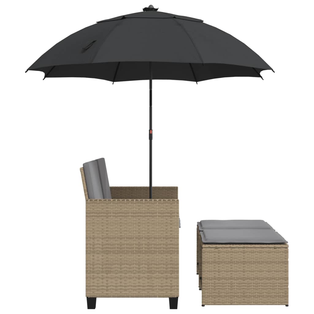 Tuinbank 2-zits met parasol en voetenbanken poly rattan beige