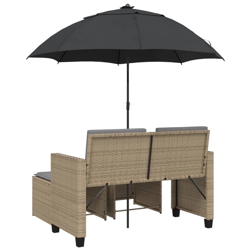Tuinbank 2-zits met parasol en voetenbanken poly rattan beige