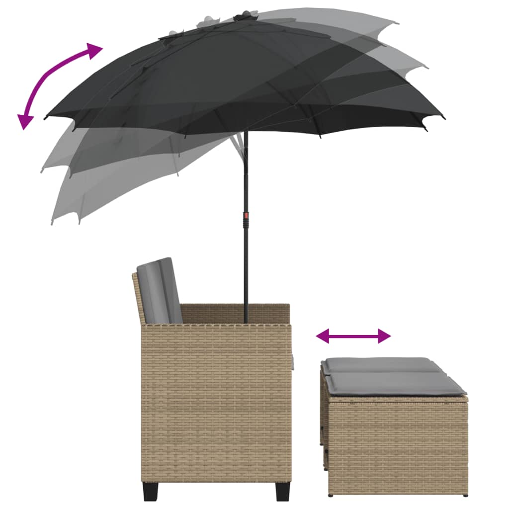 Tuinbank 2-zits met parasol en voetenbanken poly rattan beige