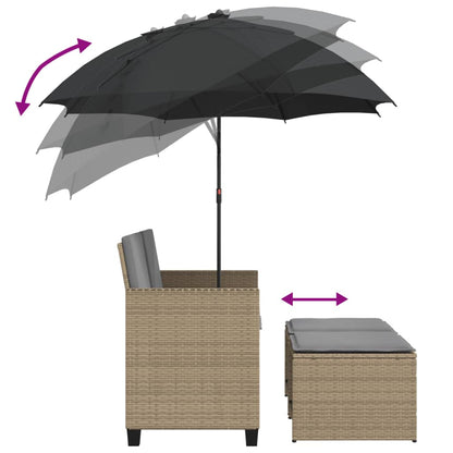 Tuinbank 2-zits met parasol en voetenbanken poly rattan beige