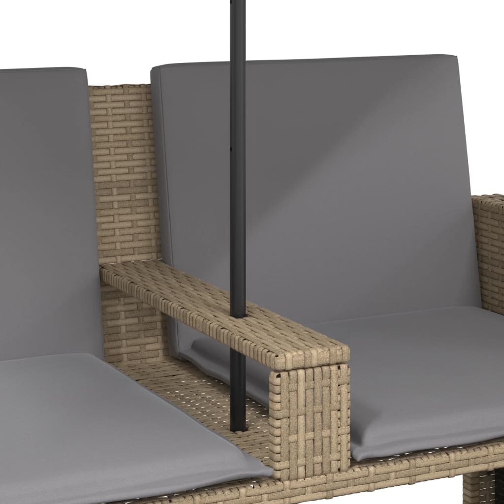Tuinbank 2-zits met parasol en voetenbanken poly rattan beige
