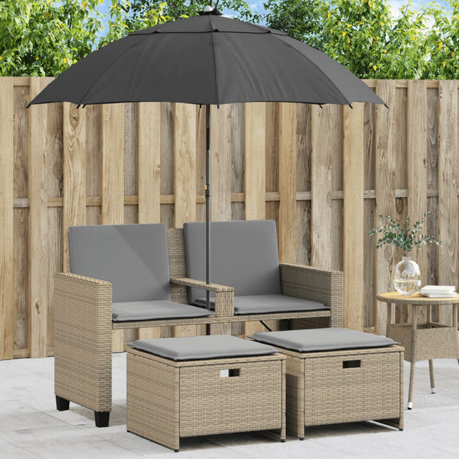 Tuinbank 2-zits met parasol en voetenbanken poly rattan beige