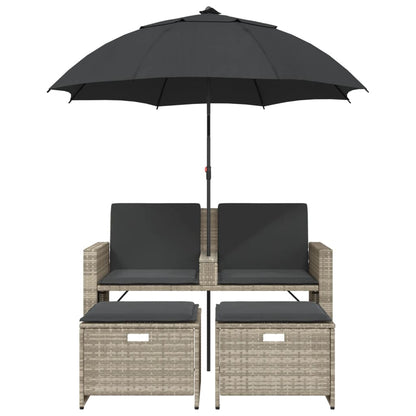 Tuinbank 2-zits parasol en voetenbanken poly rattan lichtgrijs