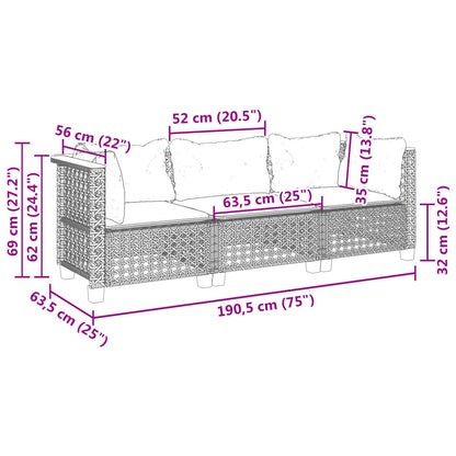 Tuinbank 3-zits met kussens poly rattan zwart