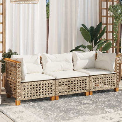 Tuinbank 3-Zits Met Kussens Poly Rattan Beige en wit