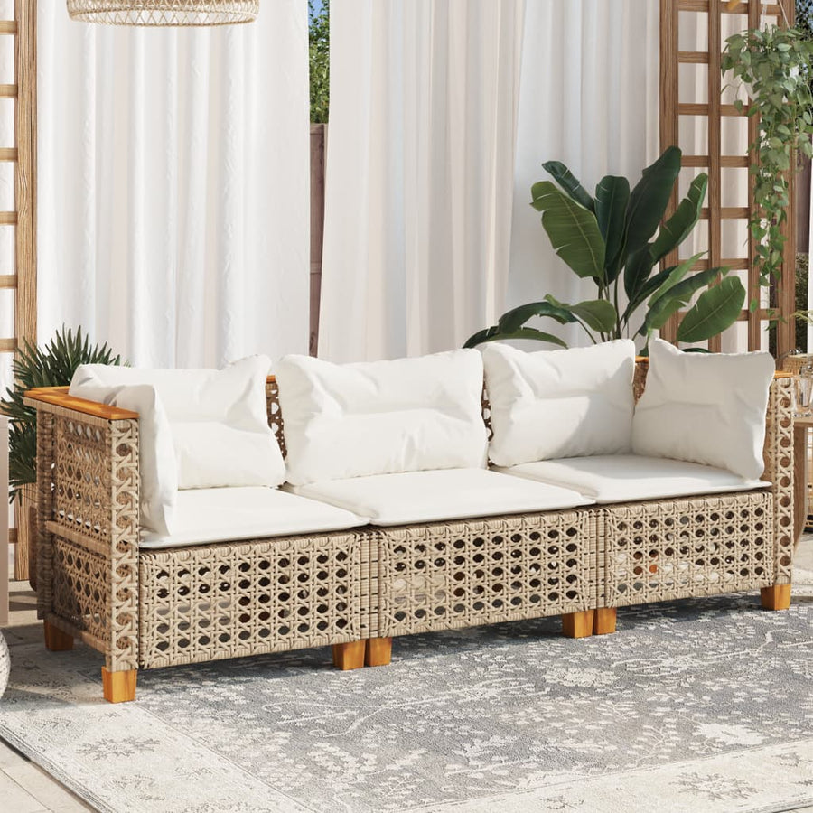 Tuinbank 3-Zits Met Kussens Poly Rattan Beige en wit