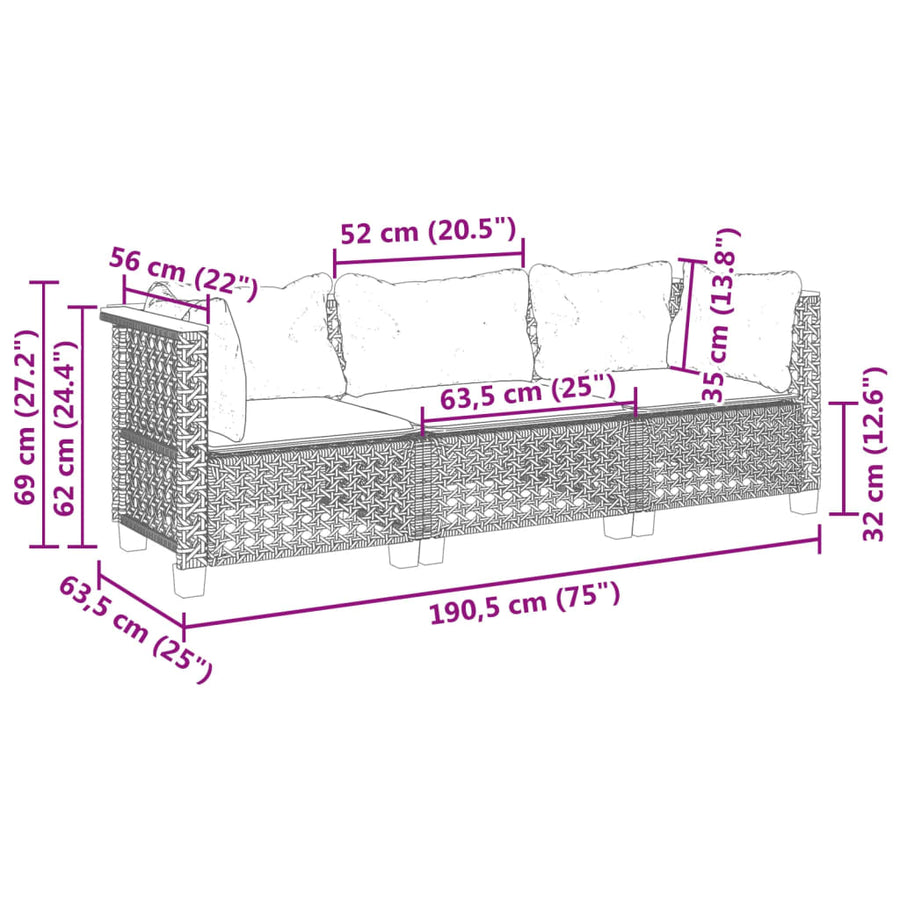 Tuinbank 3-Zits Met Kussens Poly Rattan Beige en wit