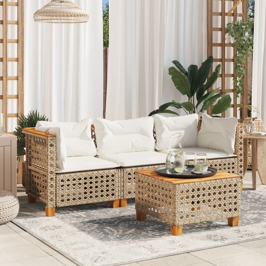 Tuinbank 3-Zits Met Kussens Poly Rattan Beige en wit
