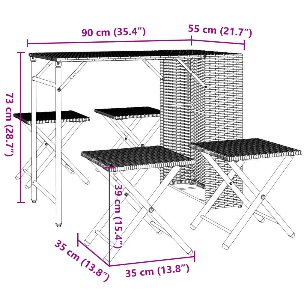 5-delige Tuinset inklapbaar poly rattan zwart
