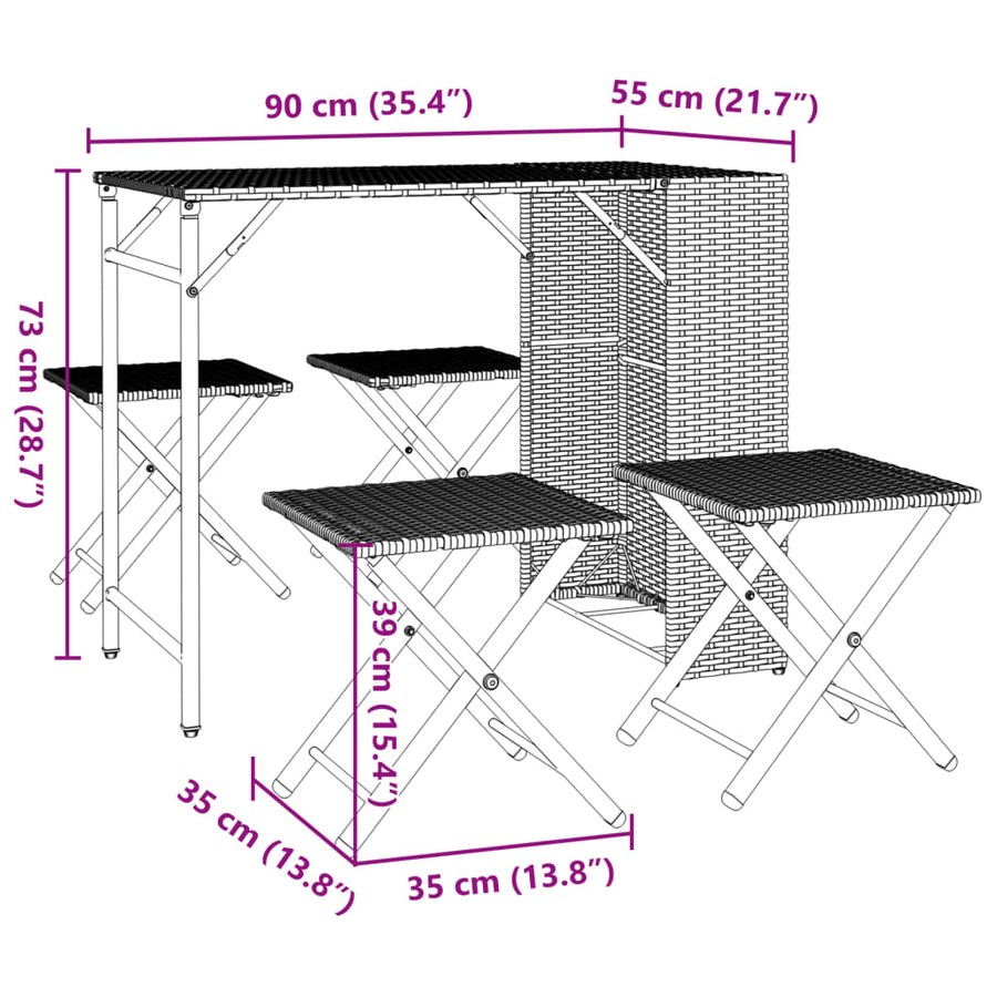 5-delige Tuinset inklapbaar poly rattan zwart