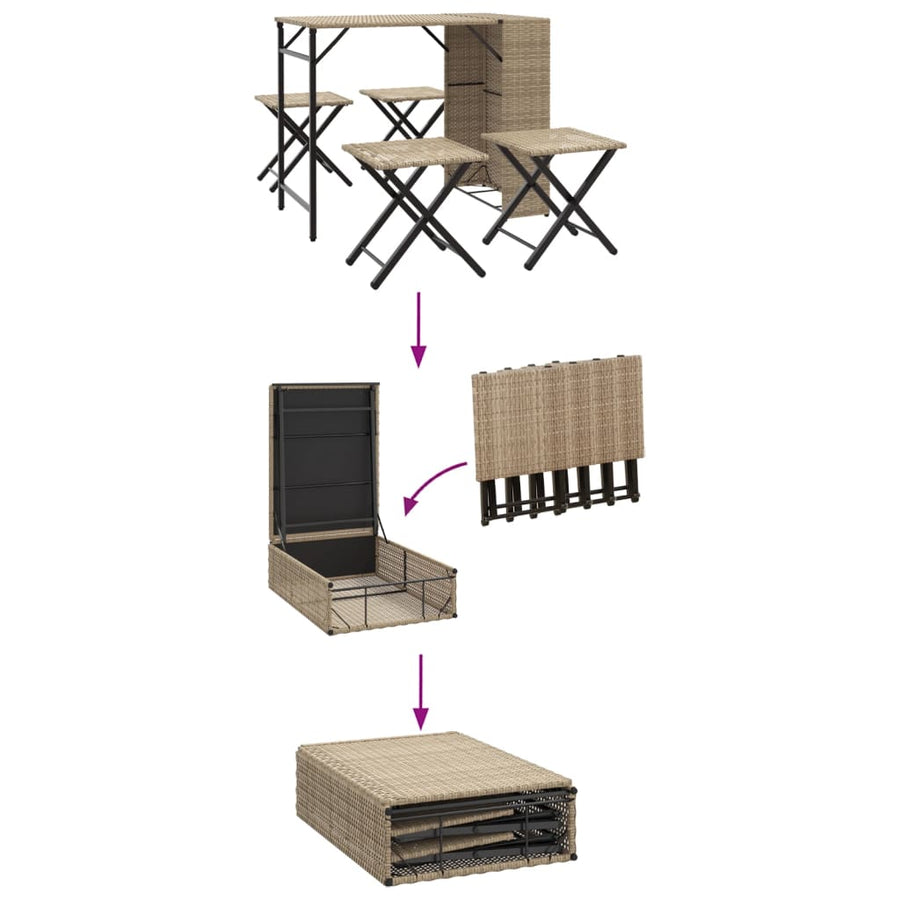 5-delige Tuinset inklapbaar poly rattan beige