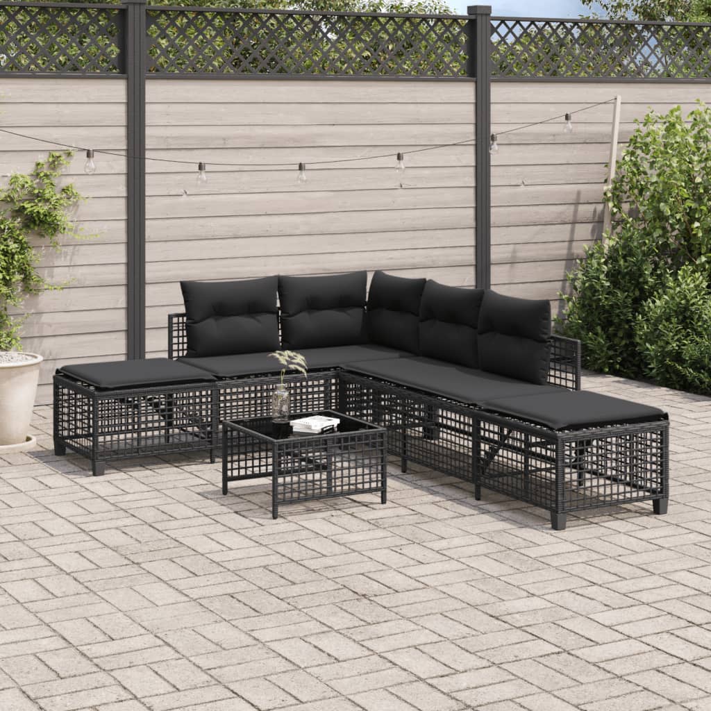 3-delige Loungeset met kussens poly rattan zwart
