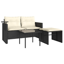 3-delige Loungeset met kussens poly rattan zwart