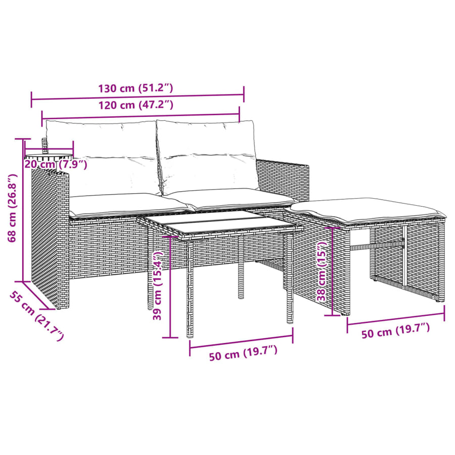3-delige Loungeset met kussens poly rattan zwart