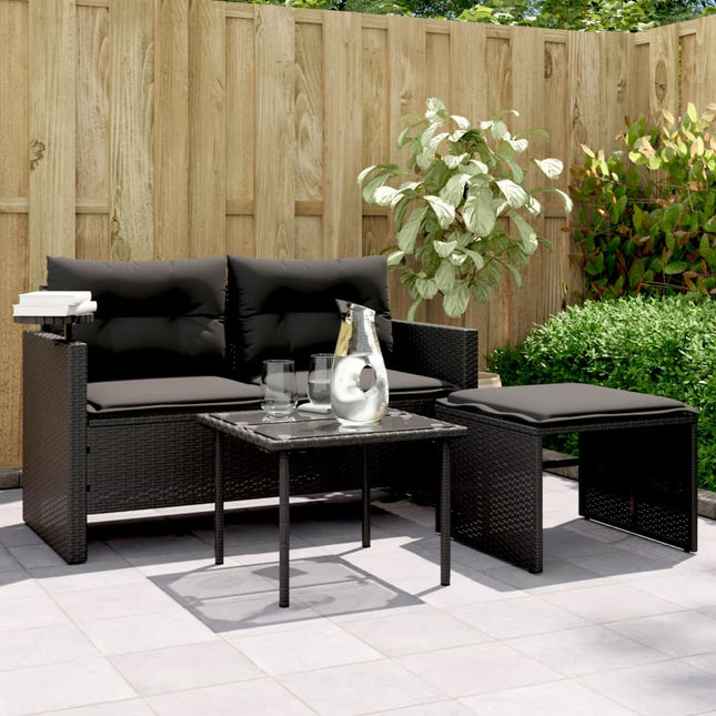 3-delige Loungeset met kussens poly rattan zwart