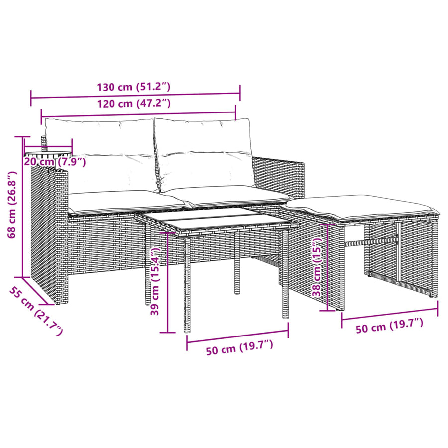3-delige Loungeset met kussens poly rattan grijs