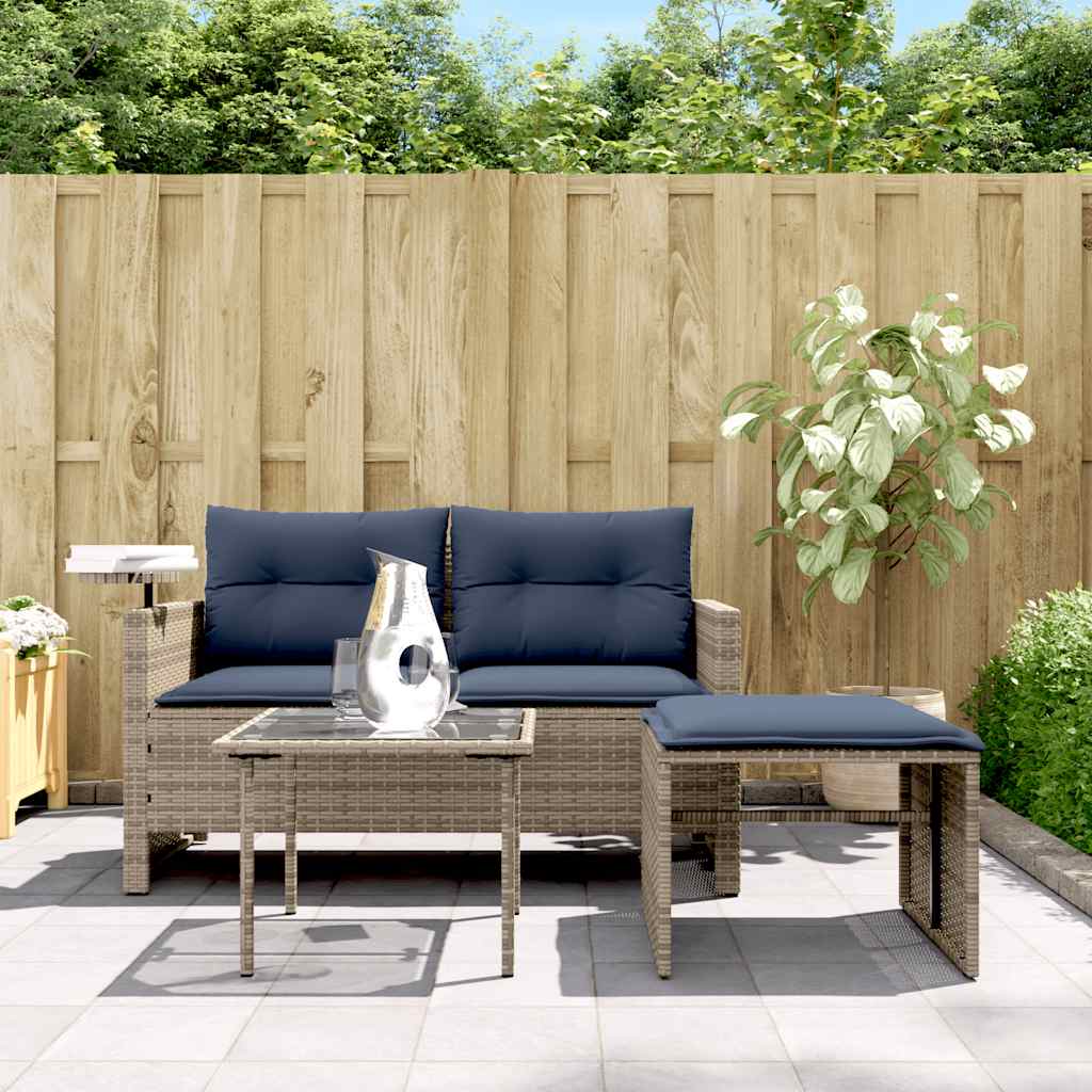 3-delige tuinbankset met kussens, grijs polyrotan