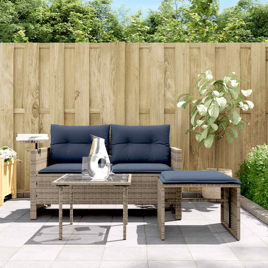 3-delige tuinbankset met kussens, grijs polyrotan