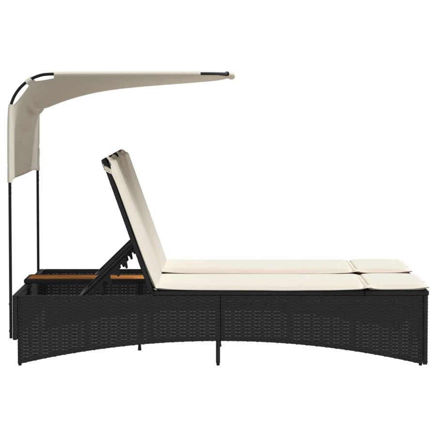 Ligbed 2-persoons met luifel en kussens poly rattan zwart