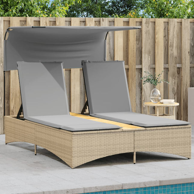 Ligbed 2-persoons luifel en kussens poly rattan gemengd beige