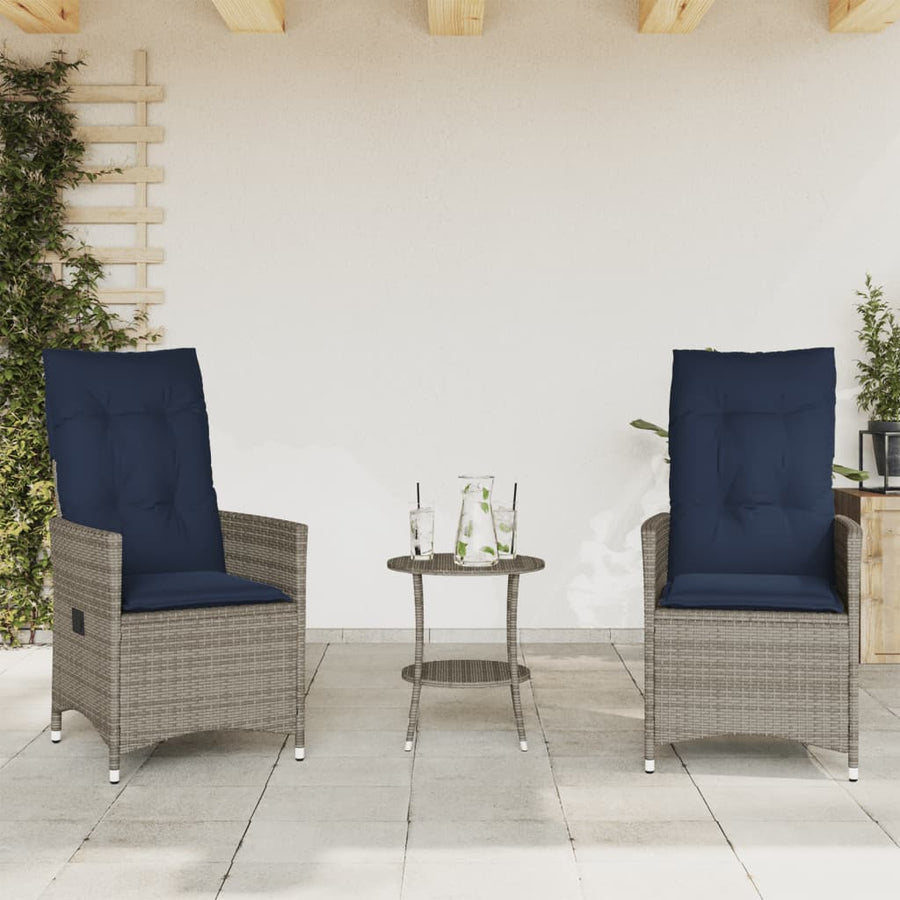 3-delige Bistroset met kussens poly rattan grijs