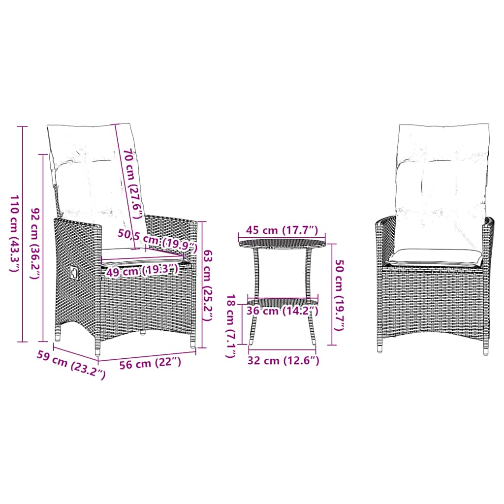 3-delige Bistroset met kussens poly rattan grijs
