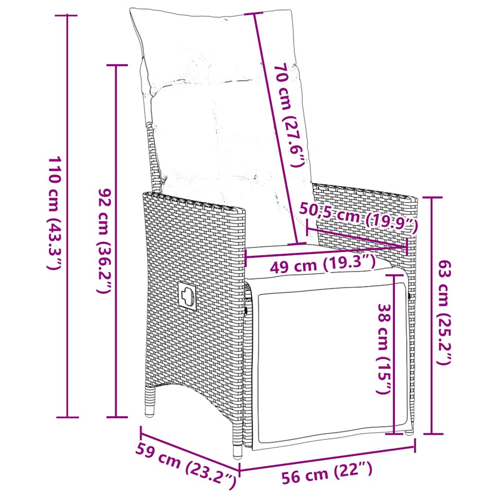 Tuinstoelen 2 st verstelbaar met kussens poly rattan grijs