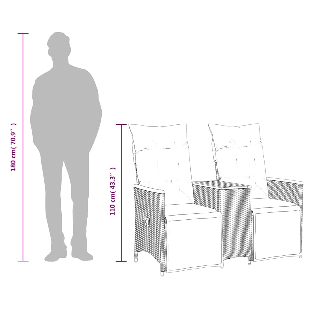 Tuinbank 2-zits verstelbaar met tafel poly rattan grijs