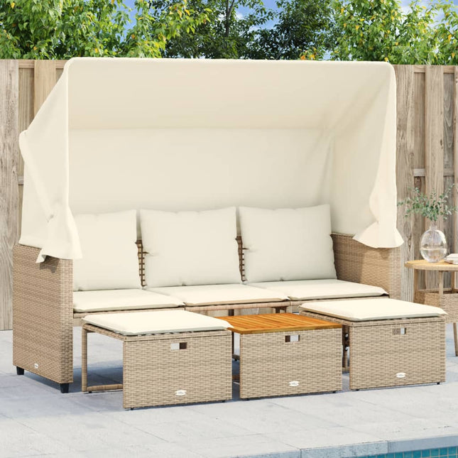 Tuinbank 3-zits met luifel en voetenbanken poly rattan beige