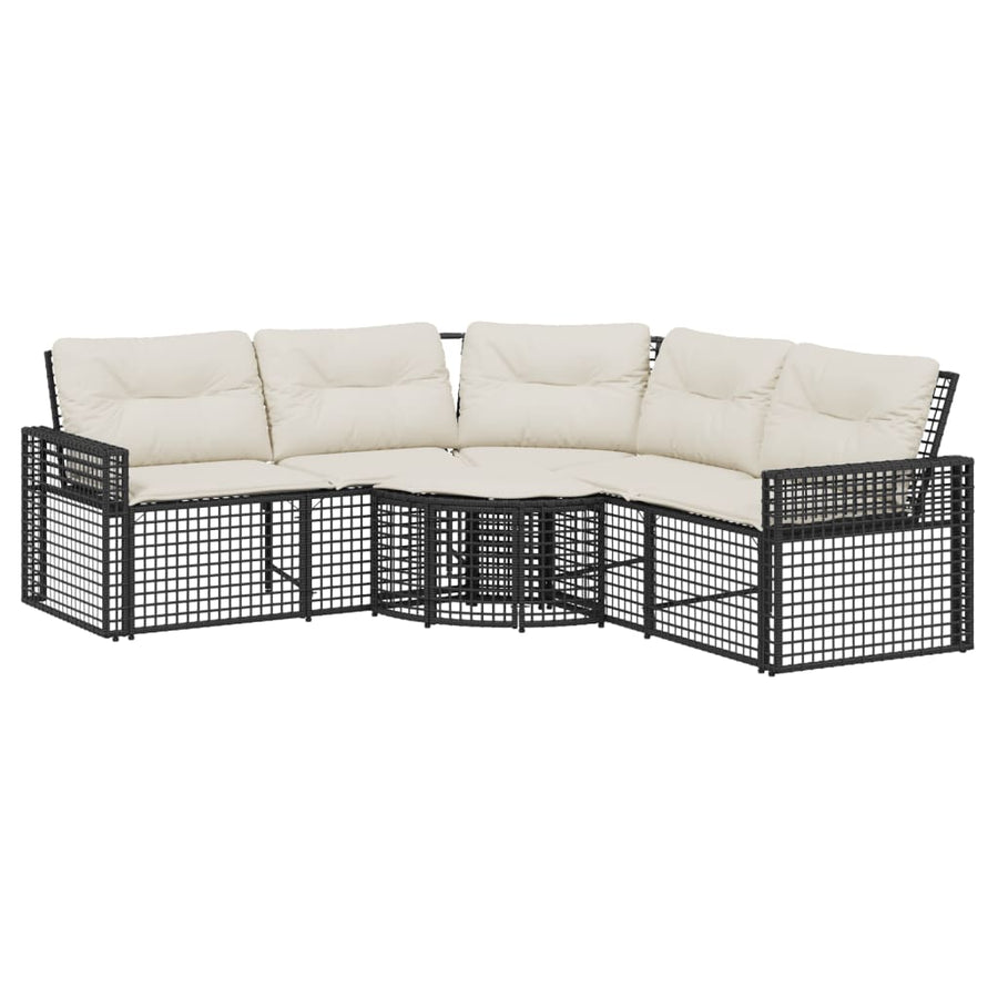 Tuinbank met kussens en voetensteun L-vormig poly rattan zwart