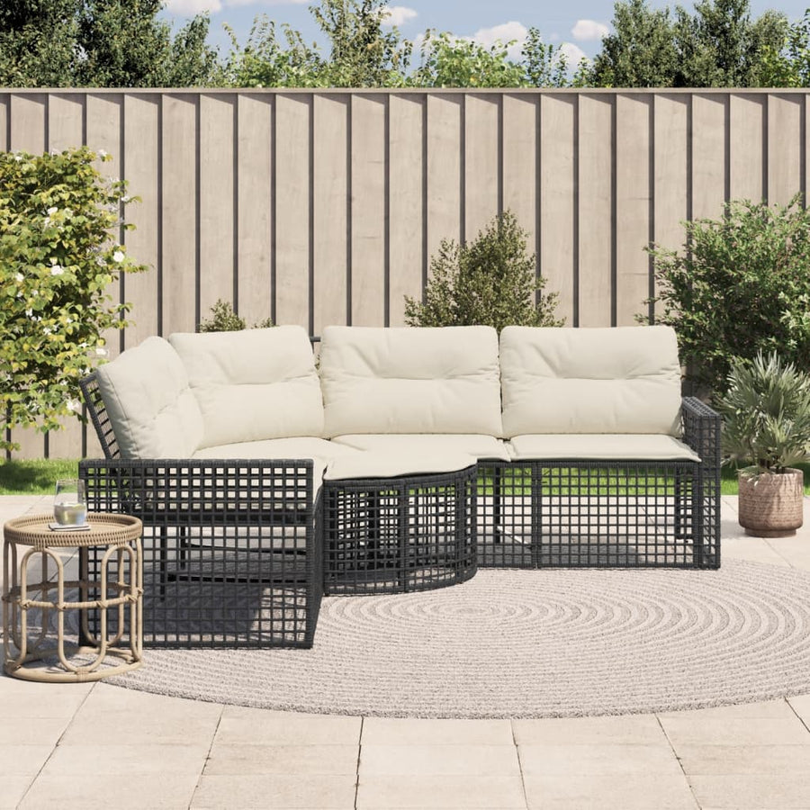 Tuinbank met kussens en voetensteun L-vormig poly rattan zwart