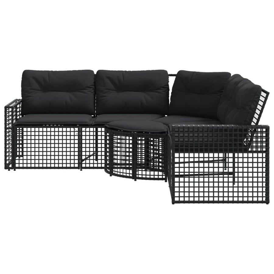 Tuinbank met kussens en voetensteun L-vormig poly rattan zwart