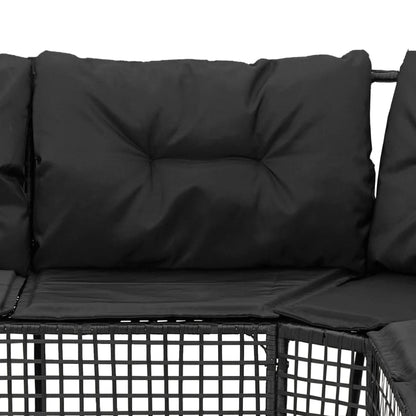Tuinbank met kussens en voetensteun L-vormig poly rattan zwart